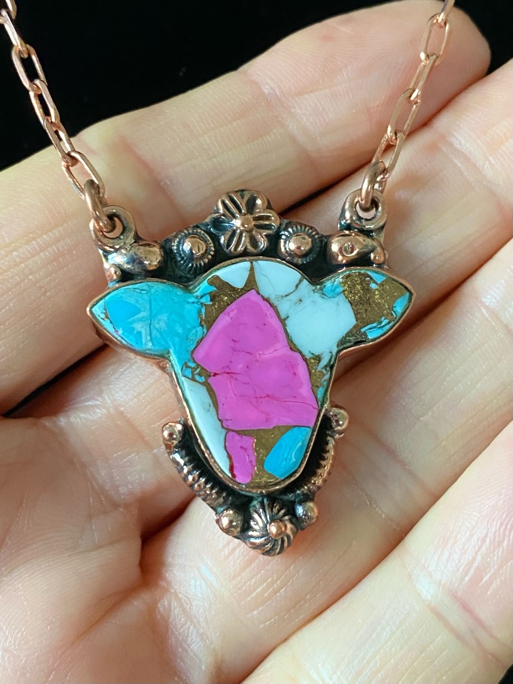 N7 Cotton Candy Turquoise copper cow head necklace | size: 20”